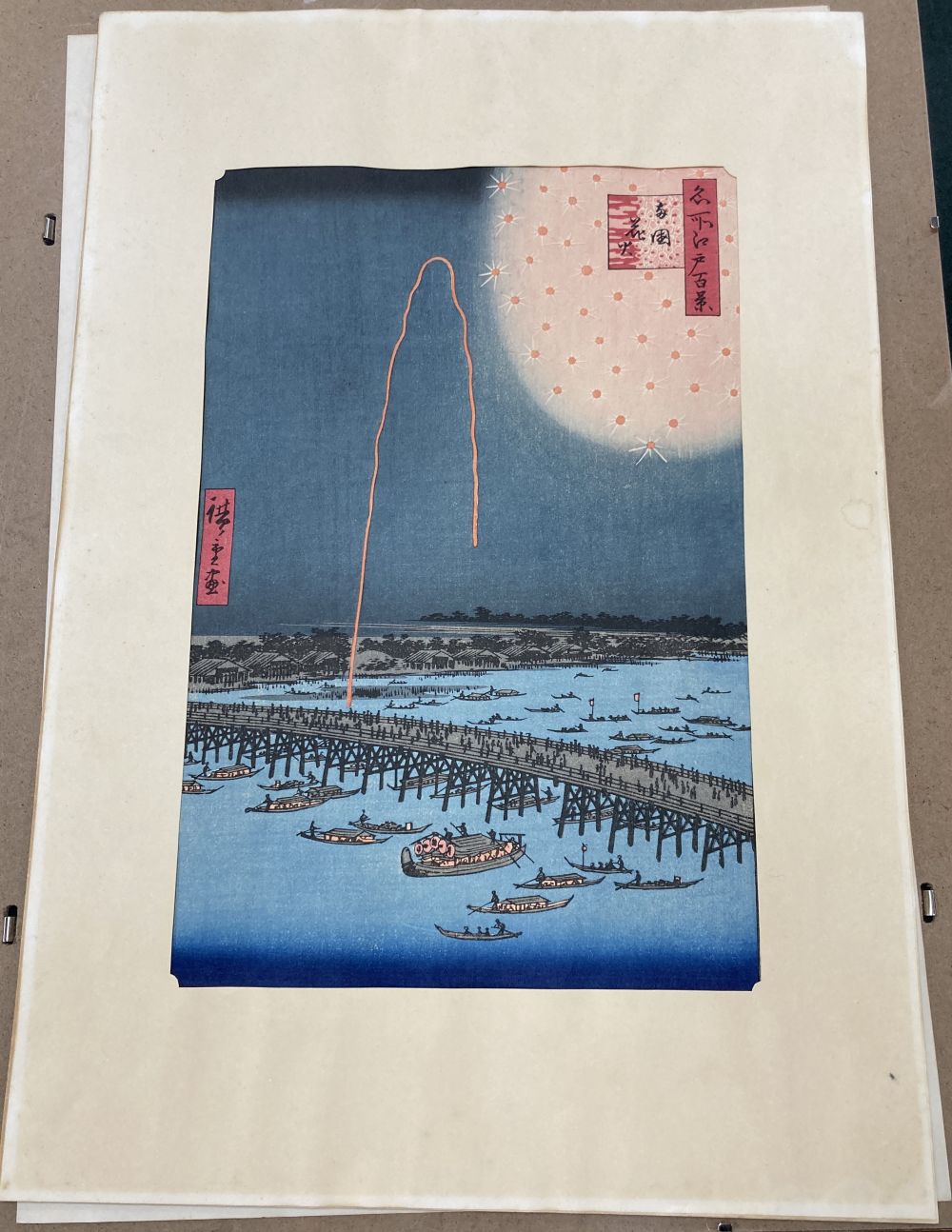 Two Japanese woodblock prints, Fireworks and Lantern in the snow, 37 x 25cm, unframed
